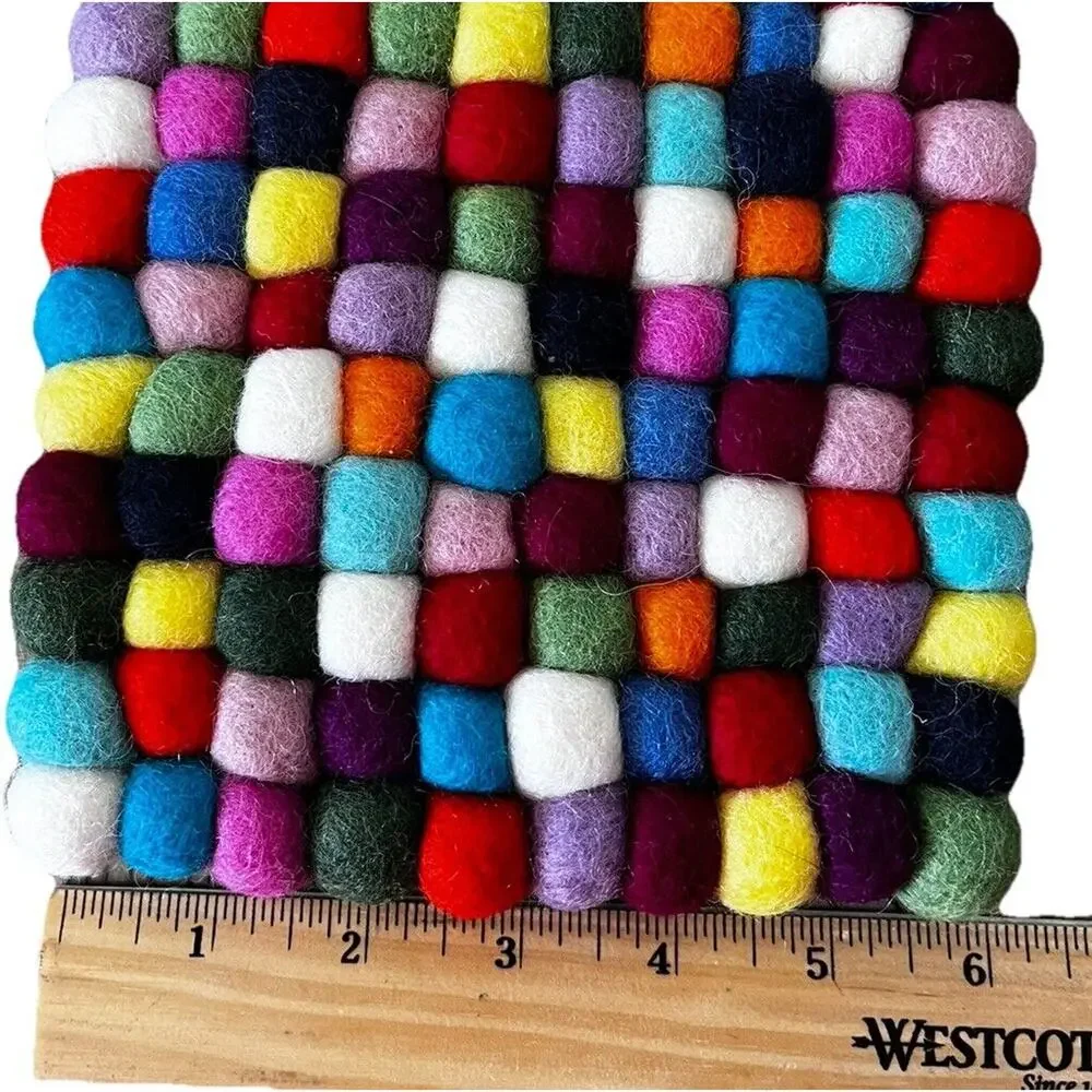 Rainbow Felted Wool Ball Trivets Hot Pads Lot Of 3 Bohemian Boho 8x8 And 6x6
